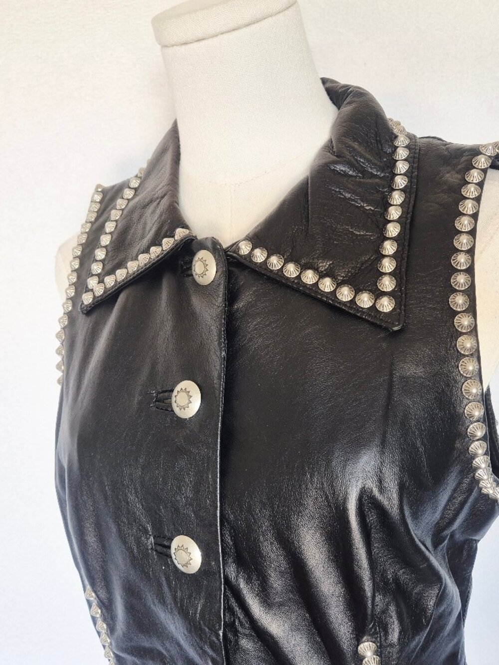 Double D Rance 100% Leather Studded Western Vest Silver Button Black - Picture 6 of 16